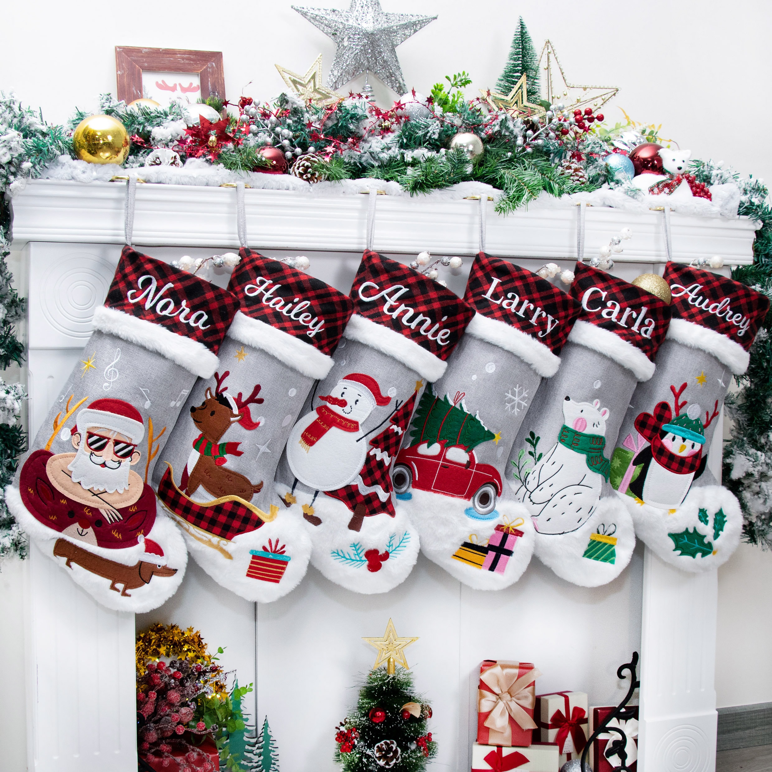 Embroidered Christmas Stockings Personalized Name Stockings with Applique Holiday Stockings Plaid Stockings for Family Christmas Decorations