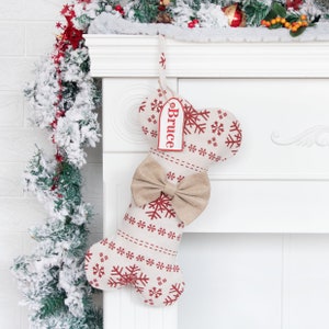 A product display image of a personalized pet stocking with a snowflake pattern