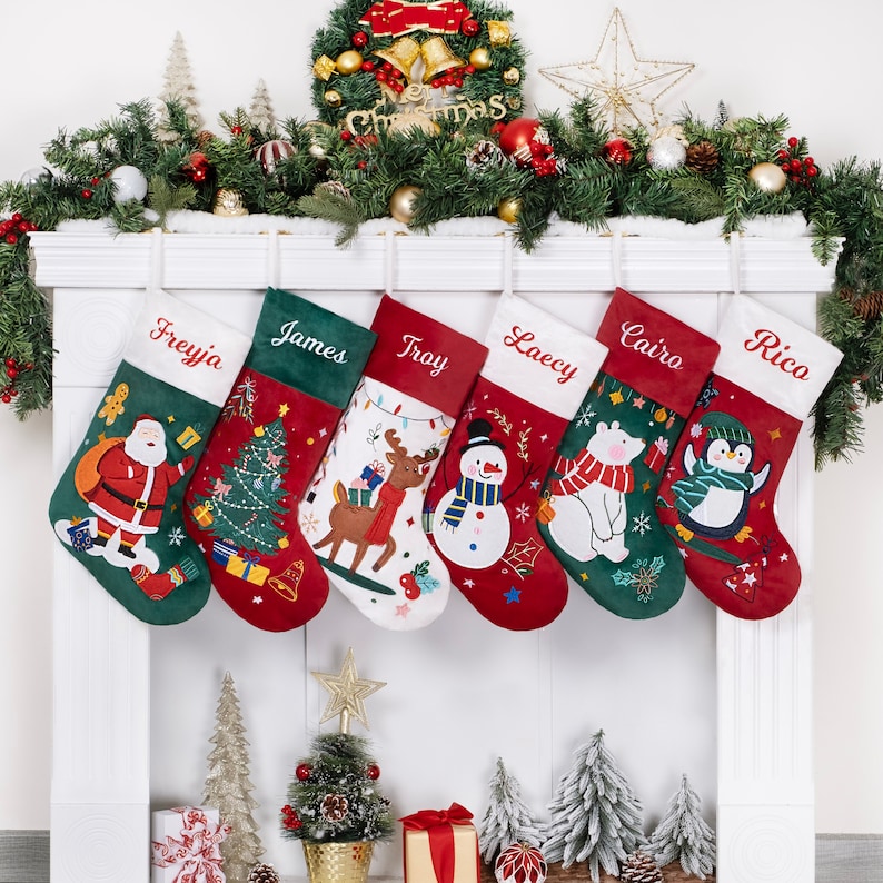 Personalized Christmas Stockings Luxury Velvet Stocking Embroidered Stocking for Holiday Applique Stocking with Name for Family Decoration image 1