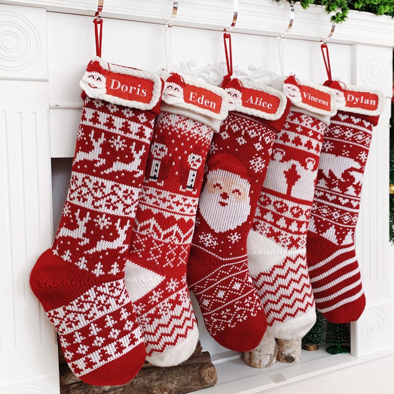 Personalized Knitted Christmas Stockings Embroidered Stocking with Santa Tag For Holiday Gift Knit Family Stockings For Christmas Decoration image 3