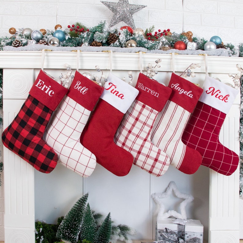 Personalized Christmas Stockings Custom Red Plaid Canvas Stocking Embroidered Family Stockings For Holiday Home Decoration Farmhouse Gifts 