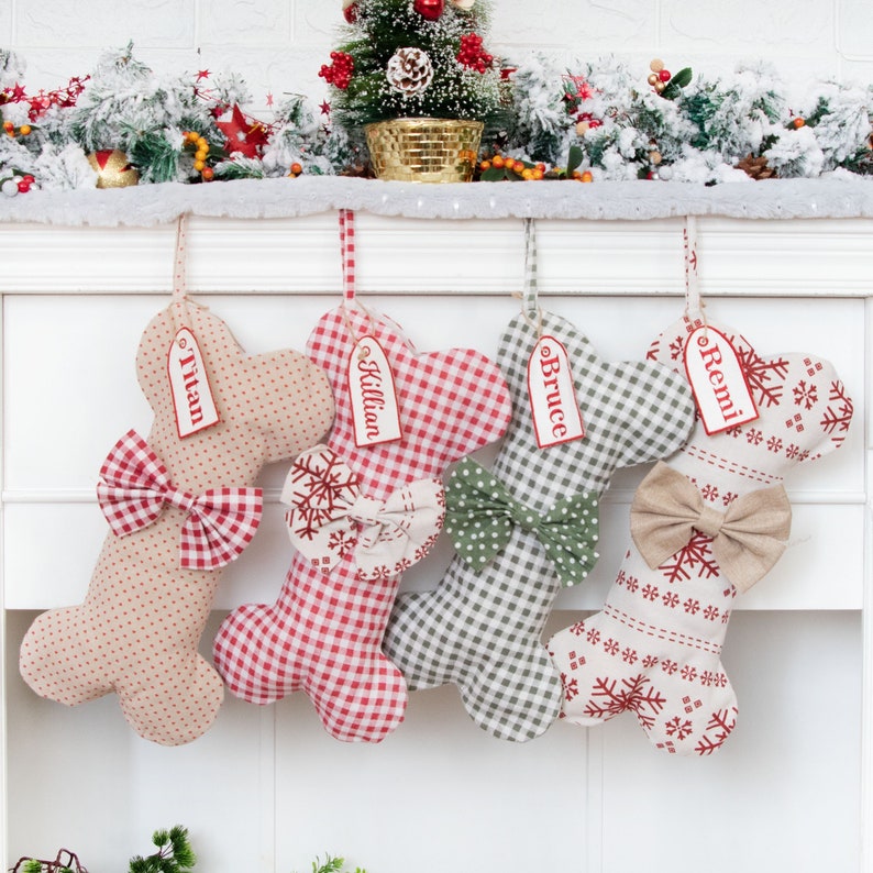 Personalized Dog Bone Christmas Stockings Pet Stocking with Bow Custom Holiday Decoration Plaid & Snowflake Dog Stocking for Family Ornament image 1