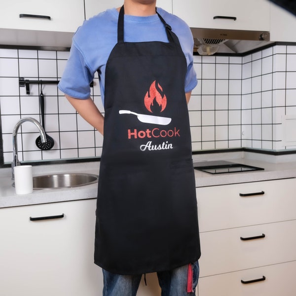 Personalized Apron for Men Custom Monogrammed Hot Cook Apron Grill Master Apron with Pockets Baking Chef Kitchen Apron  Father's Day Gift