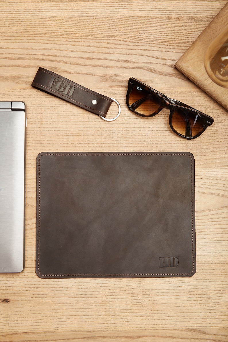 Brown Leather Mouse Pad With Personalization Large Square Mousepad Leather Desk Blotter Personalized Cubicle Accessories Cute men gift