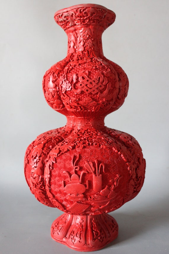 14 6 Inch Chinese Cinnabar Lacquer Vase Red Cinnabar Vase Etsy