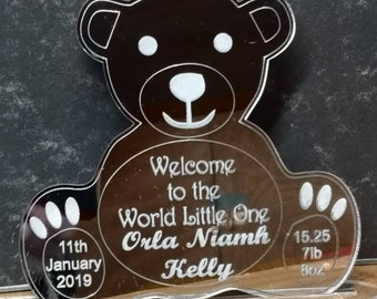 Personalised Mirrored Teddy Bear Plaque/Sign for New Baby or Christening Gift, Laser Engraved Mirror Acrylic