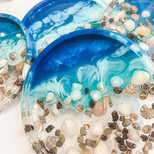 Set of 4 Beach Coasters with REAL seashells | Shell Coasters | Ocean Wave Resin Coasters