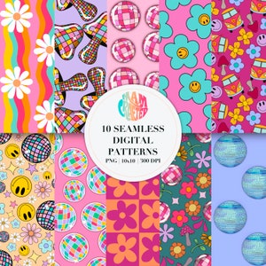 May include: Set of 10 digital seamless patterns featuring retro 70s designs. The patterns include disco balls, daisies, smiley faces, and psychedelic colors.