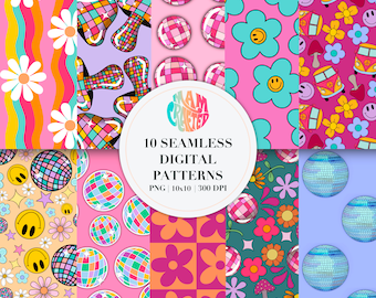 Groovy Digital Paper, Groovy Retro Themed Doodles, Flower Doodles, Hand drawn patterns, Commercial Use Seamless Patterns