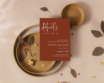 Jewish Wedding Details Card Template | Jewish Wedding Invitation | Burgundy Wedding | Modern | Hebrew | Editable | Canva | 4.25" x 5.5"