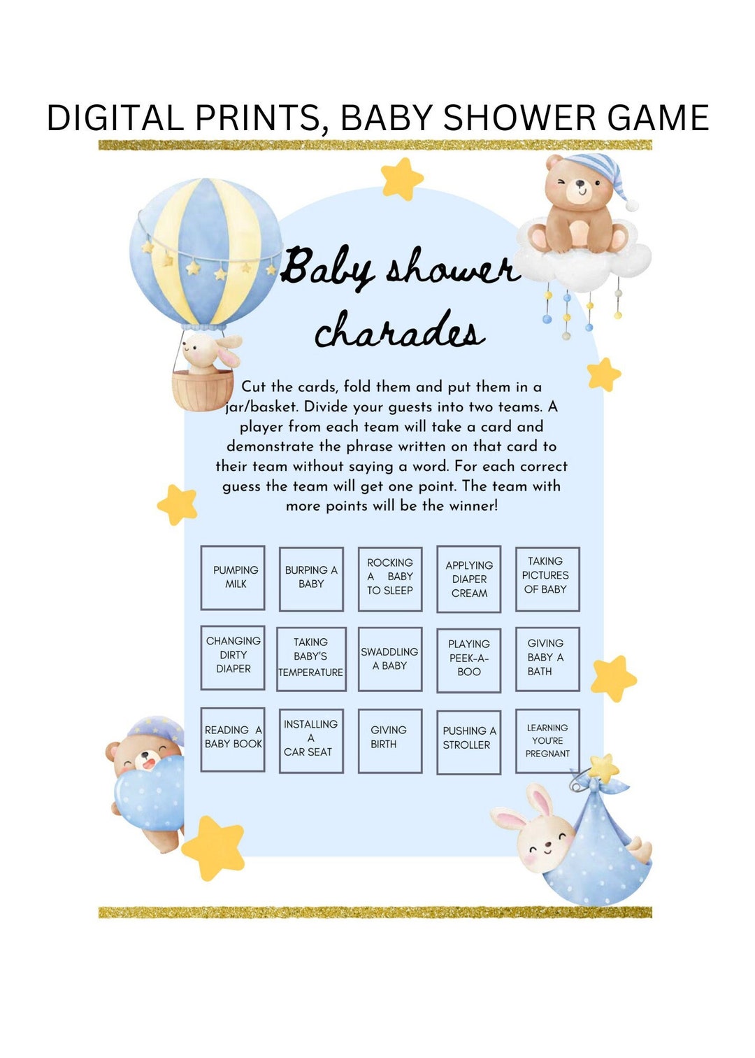 CHARADES Baby Shower Game Baby Charades Game for Boys and Etsy