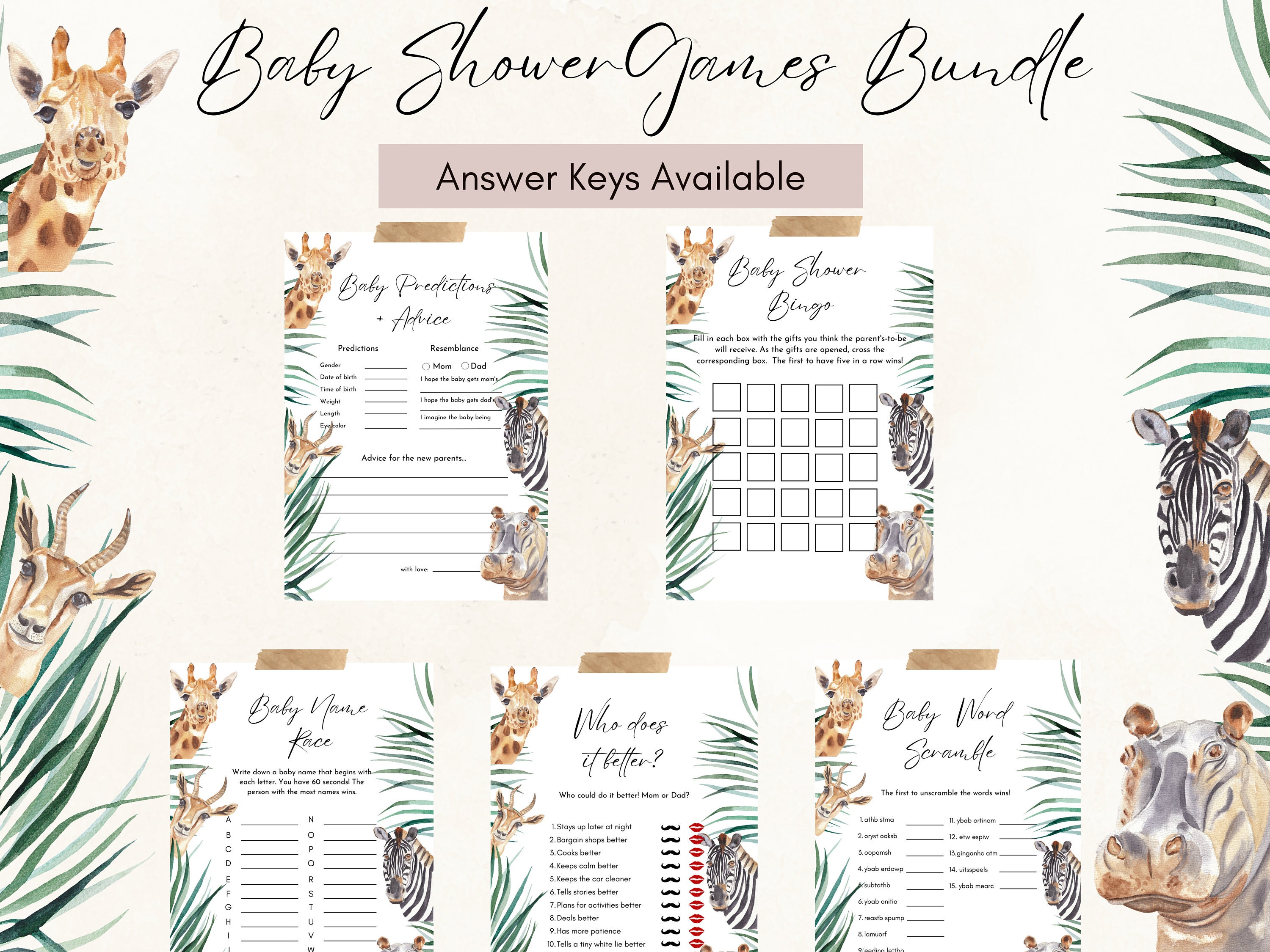 Safari-themed BABY SHOWER Games, 14 Printable Baby Shower Games With