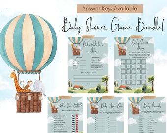 May include: A set of printable baby shower games featuring a hot air balloon theme with a blue and white striped balloon, a giraffe, a monkey, and an elephant. The games include "Baby Predictions + Advice", "Baby Shower Bingo", "Who Does Better?", "Baby Name Race", and "Baby Animals".