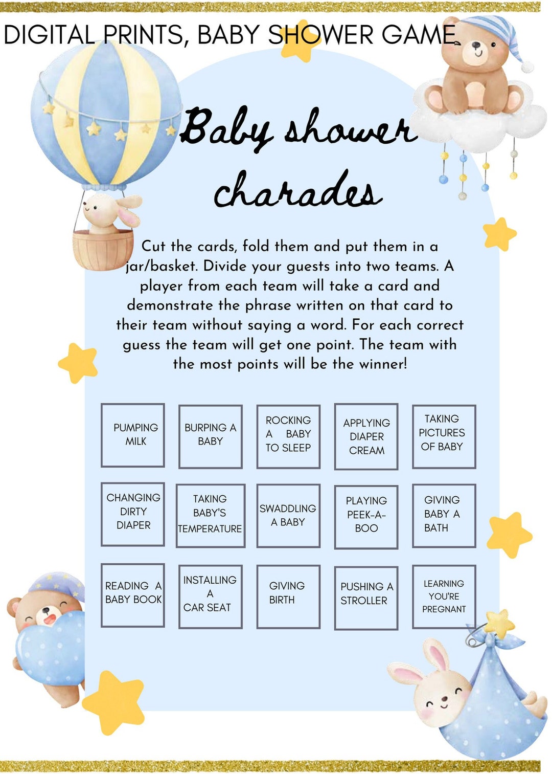 Gioco Dei Mimo Per Baby Shower – Olivia Samuel – 38 Carte A Tema Orsetto – Prodotto UK