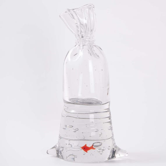 Hand Blown Glass Art Bag Sculpture With Goldfish UK