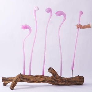 Hand Blown Pink Glass Sculpture with Metal Base