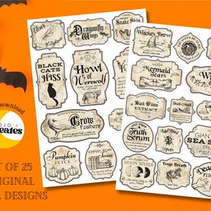 May include: A set of 25 printable Halloween labels featuring vintage-style illustrations and text. The labels include spooky themes such as "Black Cats Hiss", "Howl of Werewolf", "Mermaid Tears", "Witch's Brew", "Dragon Scales", "Hubble Bubble", "Wing of Bat", "Graveyard Dust", "Giant Sea Squid", "Dead Man's Fingers", "Pumpkin Juice", "Knowledge Serum", "Truth Serum", "Moon Water", "Frogs Breath", "Elixir", "Grow Feathers", "Snake Skin", "Black Widow Extract", "Snail Trail", and "Agd Yard Spots".