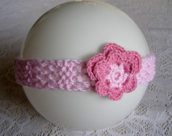 Baby girl headband with flower  pink merino wool hand knitted and crocheted gift for girl