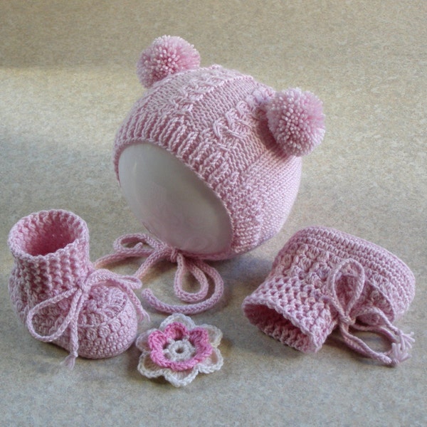 Baby 0-3 months bonnet ant booties set light pink pure merino wool  hand crocheted and knitted double pom pom hat, shoes, gift for girl
