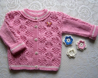 9-18 months baby girl cardigan pure merino wool pink hand knitted sweater, infant pullover