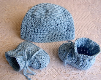 Baby boy hat and booties set 3-6 months blue cotton hand crocheted gift for baby