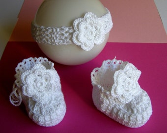 0-3 months baby girl booties and headband with flower set white cotton hand knitted and crocheted gift for baptism christening