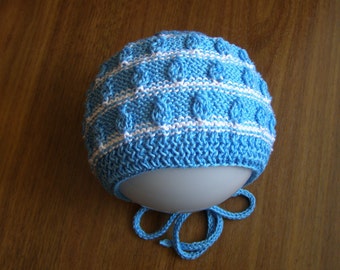 Cotton baby bonnet 0-3 months blue and white hand knitted cap gift for newborn cotton boy hat infant bonnet baby shower gift