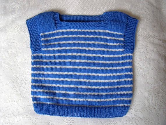 12-24 months child's vest pure merino wool unisex hand knitted gift for 1-2 year kid boy girl blue and white