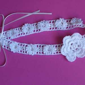 Baby girl cotton headband with flowers white hand crocheted headband gift for baptism christening