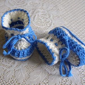 3-6 months pure merino wool baby booties crocheted white blue boy shoes