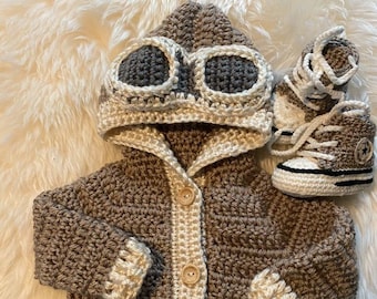 Flieger Pilot Pullover, Baby häkeln Pullover Set, Baby-Dusche-Geschenk, Unisex Baby Outfit, Baby Pilot Jacke, Halloween Pilot Kostüm, Kleinkind