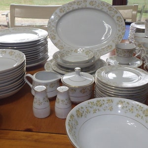 Royal Wentworth Fine China Dinnerware: Caroline Pattern, Gold Rim, 91 Pieces