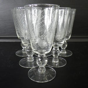 May include: Set of five clear glass drinking glasses with etched designs. The glasses have a tall, slender shape with a round base.