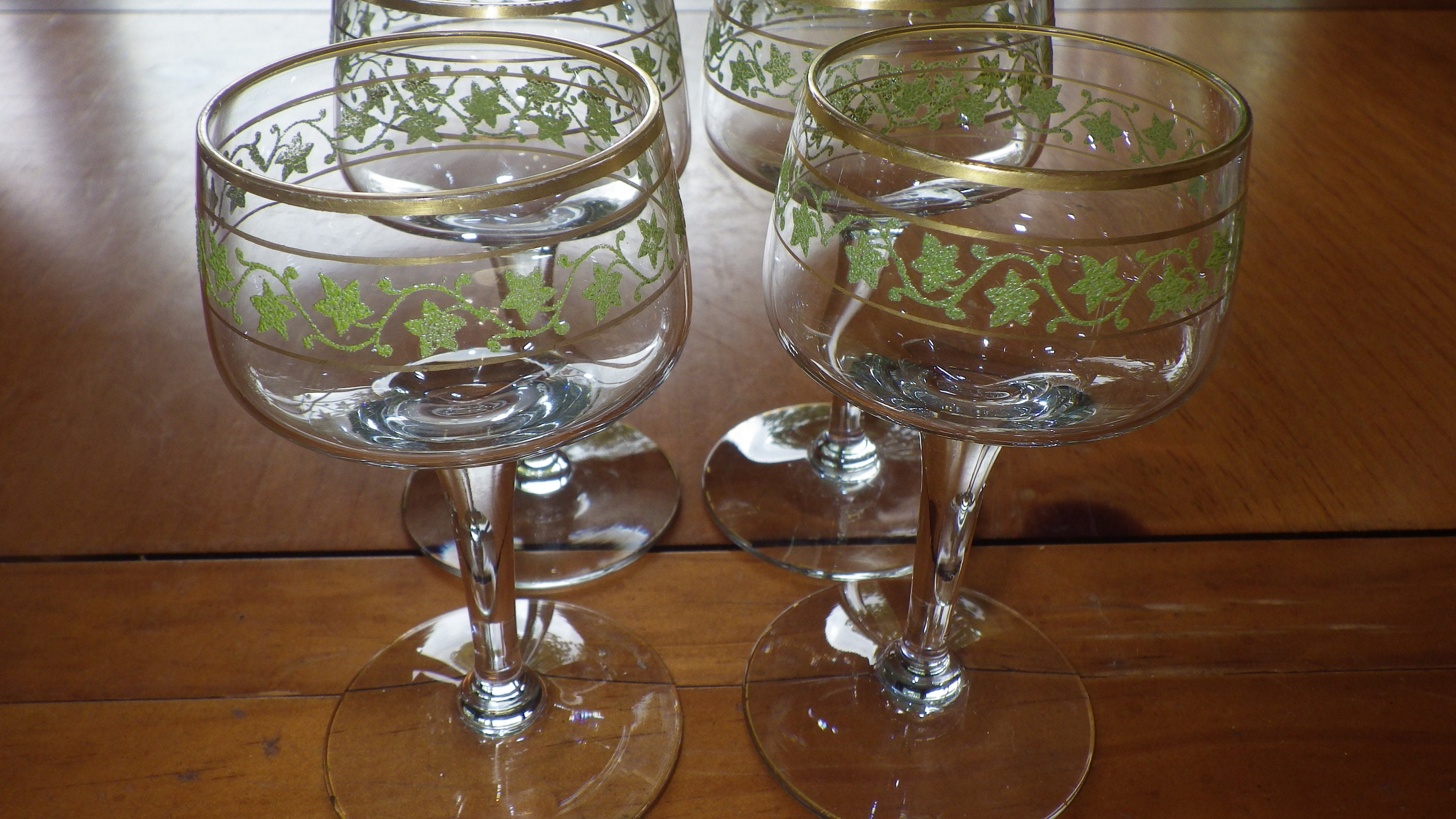 Clear Glass Cordial Glasses Cordial Glasses Liqueur Stems Green Ivy design rimmed in gold 4 3oz stems