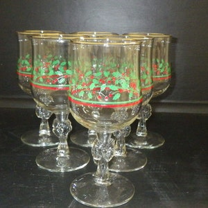 Arby&#39;s Christmas Holly BOW Wine Glasses Goblets Gold Rim Libbey 6 12oz 1983