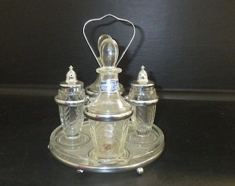 Vintage Jeannette Glass Condiment set 9pc glass chrome Cruets S&P Caddy tops