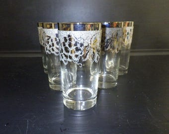 Vintage Drinking glasses coolers clear w/silver decoration VERY NICE 6 12ounce flat bottom