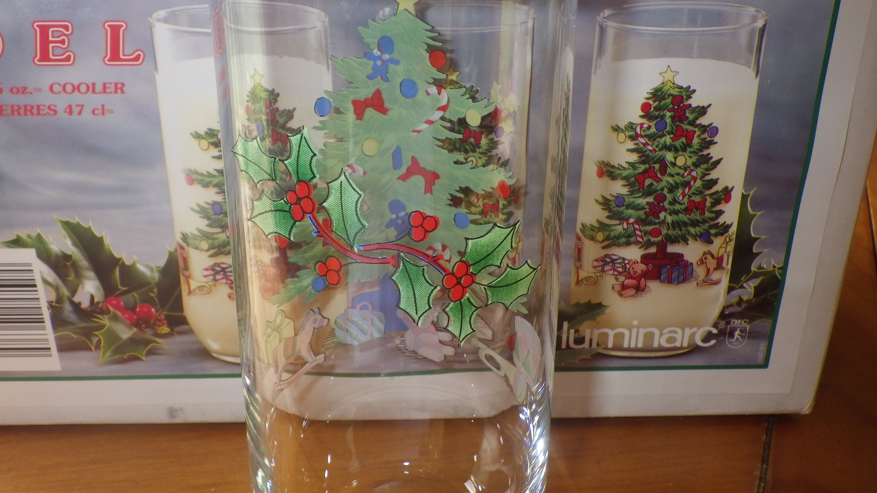 Vintage Luminarc CHRISTMAS TREE NOEL 16 oz Drinking Glasses Tumbler ~ Set  of 8