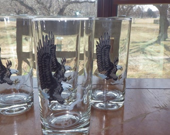 Vintage American Bald Eagle Tumblers Glasses by Reims France 6 12 oz flat bottom
