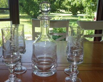 Hand Blown Decanter Set: Gray Cut Glass Vine Design, 6-Piece