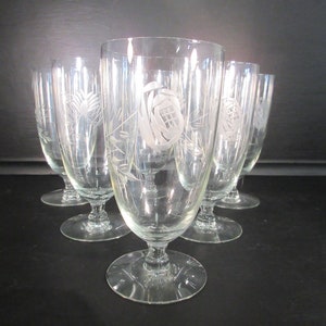 Vintage Rose Etched Iced Tea Glasses Footed Water Goblets by Javit 6 12oz stems
