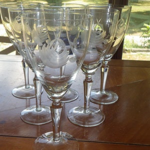 Vintage Morgantown Rose Water Goblets Glasses Stems etched Rose 6 12oz stems