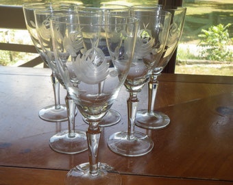 Vintage Morgantown Rose geëtste waterbekers - set van 6 inch
