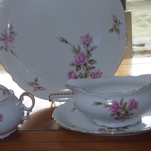 Hostess Set Rosetta by MIKASA Chop Plate Gravy Boat Sugar Bowl rimmed gold