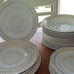 Vintage Dinnerware set by Royal China USA Beige Gold design s/6 18 pieces 1950s