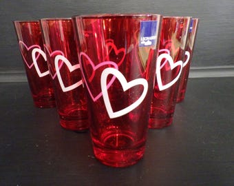 Red Heart tumblers glasses Valentines Gift 6 11 ounce flat bottom glasses