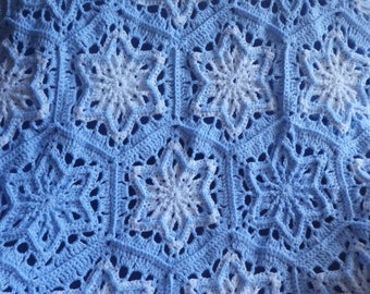 Handmade Crochet Afghan Blue and White Sparkle Snowflake Design approximately 48"x 60" Holiday Afghan