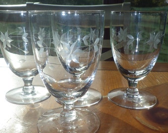 Vintage Javit Crystal Juice glasses wheel cut etched footed tumblers 4 6 oz