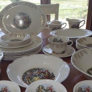 Crooksville Dinnerware Set Iva-Lure Gold Filigree Scrolls People EUC VTG1930 37p service for 6