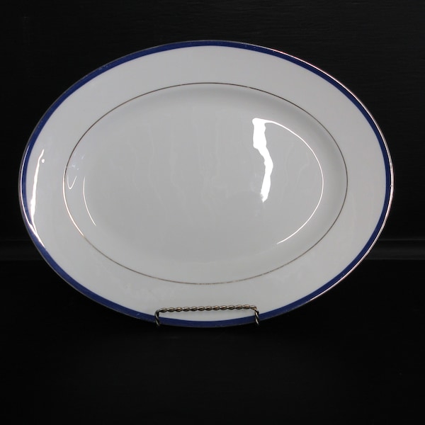 Lenox EMMA Oval serving platter White Blue rim silver Trim verge line 13" diameter